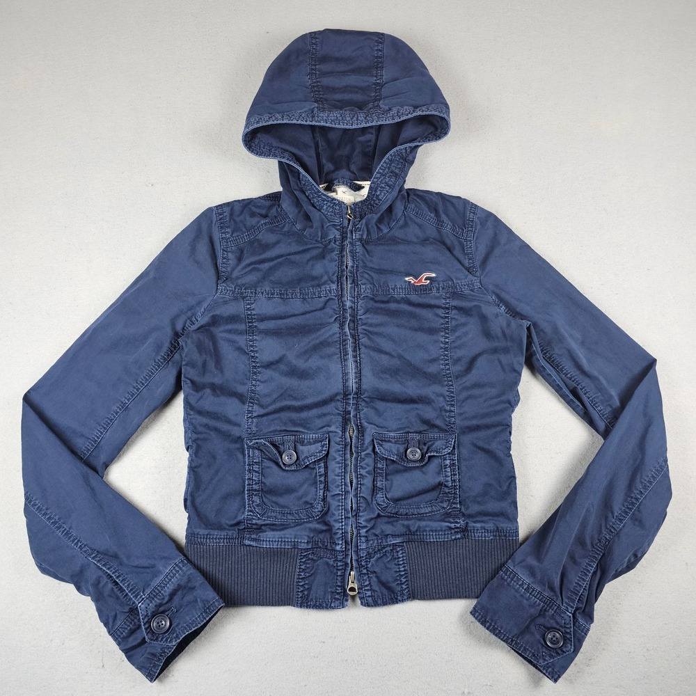 Y2K Hollister Utility Jacket Womens Medium Blue Full Zip Hoodie Flap Pockets